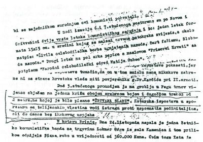 Faksimil periodičnog izvještaja iz studenog 1941. god. tzv. Velike župe Vinodol i Podgorje, kojeg ustaški tzv. veliki župan, Sušić, dostavlja ustaškom Ravnateljstvu za unutrašnje poslove NDH obaveštavajući o novim događajima u proteklom periodu.