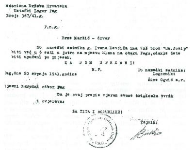 Facsimile of the order by Camp Commander Oguić to boatman Brno Maržić to get “sand”.