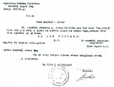 Faksimil naredbe logornika Oguića brodaru Brni Maržiću o polasku po »pijesak«.